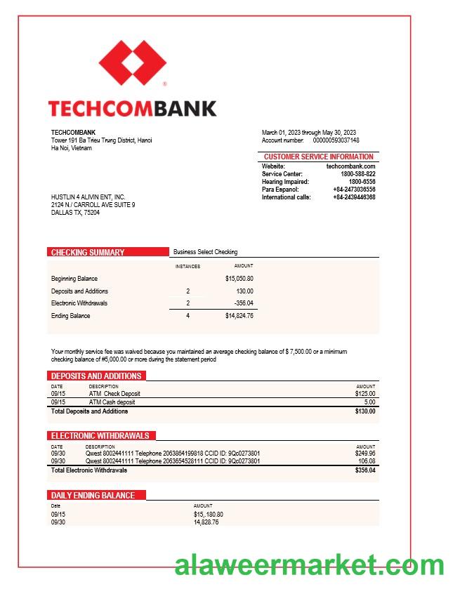 Techcombank corporate checking account statement Word and PDF template